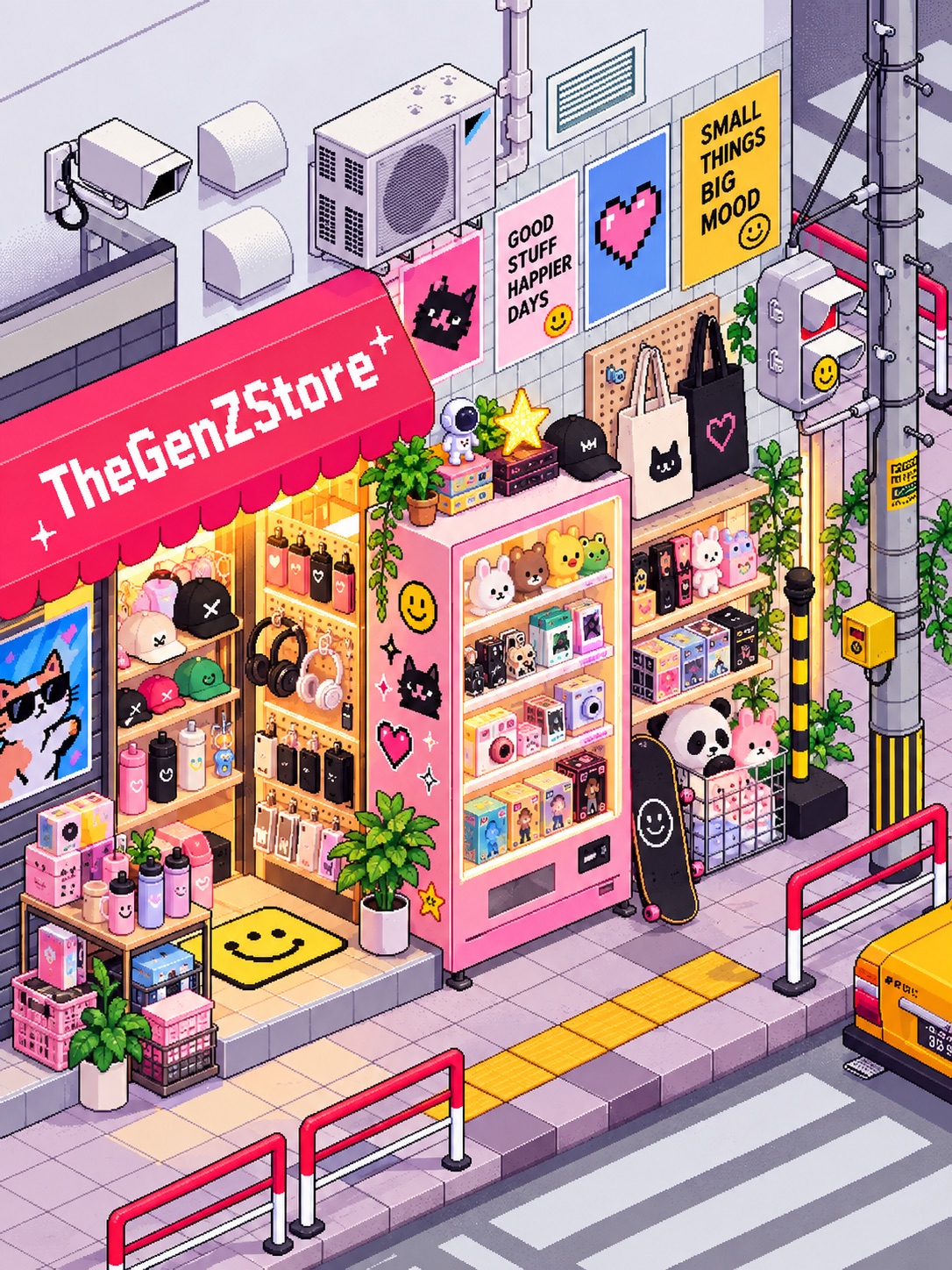 Pixel-art illustration of TheGenZStore: a corner shop with a hot-pink awning and a pink vending machine full of plushies, blind boxes and caps on a sunny street.
